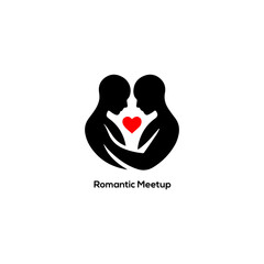 Minimalist black silhouette of a couple in a hug with a red heart for romantic meetup and dating apps.
