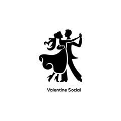 Minimalist black silhouette of a romantic couple dancing for a Valentine Social event poster, dating app, or ballroom logo.
