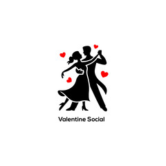 Minimalist black silhouette of a dancing couple with red hearts for Valentine Day social events and romantic branding logo.
