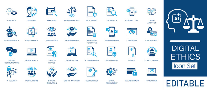 Digital Ethics and AI Safety solid icon set. Includes symbols for Ethical AI, Deepfake, Data Privacy, and AI Transparency. Solid vector icons for artificial intelligence and cybersecurity.