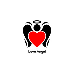 Minimalist black silhouette of a guardian angel with red heart symbol for romantic branding charity logo and spiritual design.
