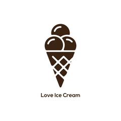 Minimalist brown ice cream cone icon with three scoops for sweet dessert shop branding, summer food menus, and cafe.
