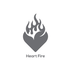 Minimalist gray heart icon with burning flames representing passion, love, energy, and creative heat for modern branding and design.
