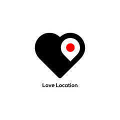 Minimalist black heart icon with white location pin and red dot symbol for dating apps, travel maps, and wayfinding.
