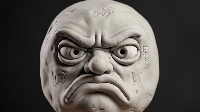 clay moon sculpture closeup showing rapid sequence of expressive facial changes from joyful smile to sly grin, contemplative squint, grumpy frown and shocked yell; studio lighting and monochrome