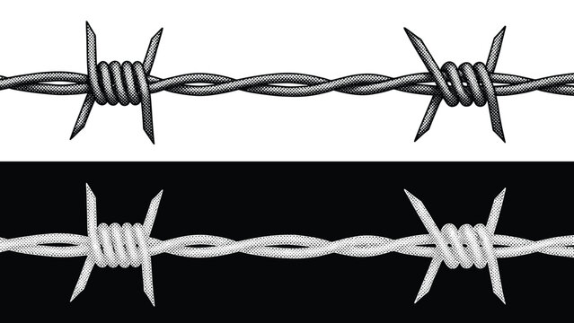 Horizontal strand of sharp barbed wire is shown in both black on white and white on black versions for high contrast graphic design uses.