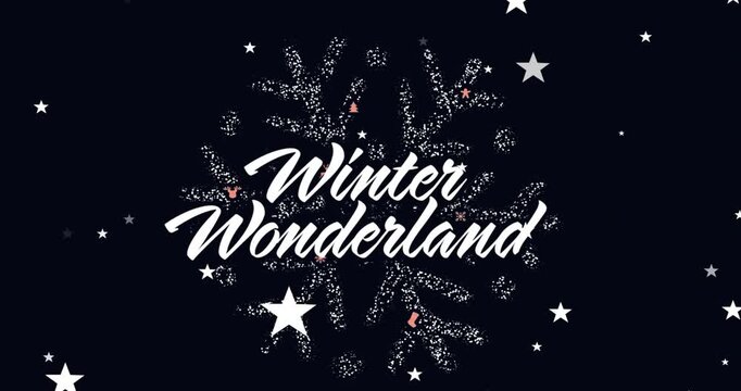 Particle swirl causing script morphing into Winter Wonderland as stars orbit snowflake for branding