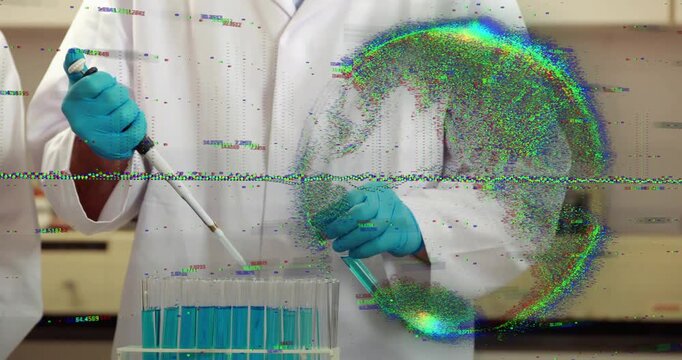 Lab tech pipetting for aliquots, pressing plunger and filling tubes, glitch obscuring right side