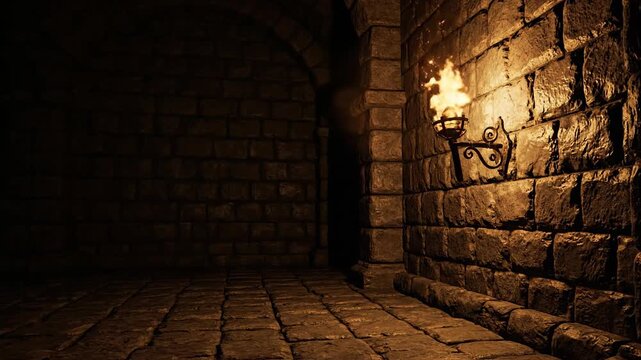 Dimly lit stone dungeon corridor with rough hewn walls and a single torch casting an eerie glow Ancient atmosphere suggests mystery and adventure