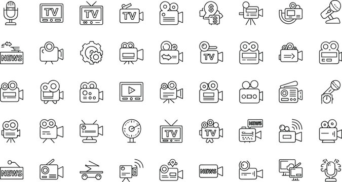 Large set of media and broadcasting line icons featuring television screens video cameras microphones news reports movie production equipment and digital journalism web design elements