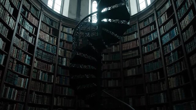 A majestic circular library features towering bookshelves reaching towards a domed ceiling with a spiral staircase winding upwards through the dark atmospheric space