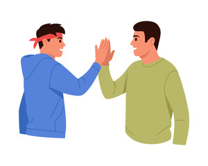 Fototapeta premium Vector illustration of young guys at a meeting, giving each other a high five. Cartoon scene of cheerful guys with raised hands, clapping palm to palm, greeting gesture isolated on white background.