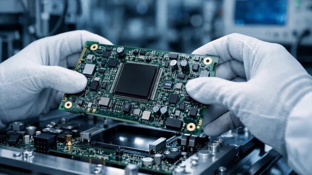 Technician checks components on a circuit board