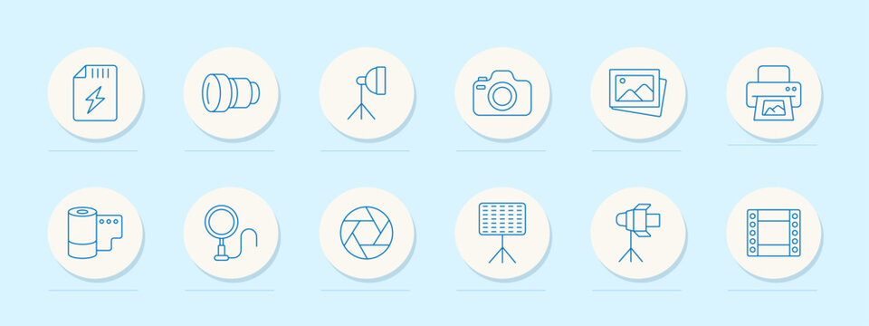 Photography set icon. Memory card, zoom lens, tripod light, DSLR camera, photo stack, print device, film roll, video camera, aperture, spotlight, flash unit, movie frame.