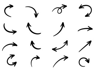 Collection of hand drawn arrows pointing in different directions isolated on white background