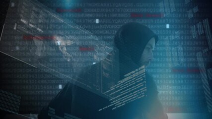 Animation of data processing over caucasian male computer hacker using laptop