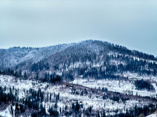 Mystical snowy Carpathian peaks under cloudy skies