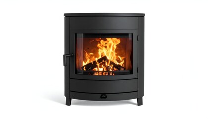 Black, rounded wood-burning stove with flames visible, on white backdrop
