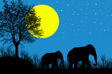 Fototapeta premium Silhouette of elephants walking under a large yellow moon at night savanna landscape with starry sky perfect for wildlife and nature themes