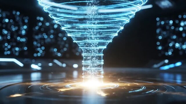 Glowing blue funnel with gold particles pouring in, symbolizing business growth