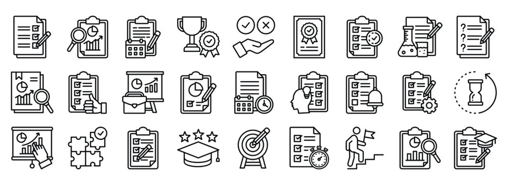 Assessment icon collection. Containing design experiment, questionnaire, computation, Summary, Planning