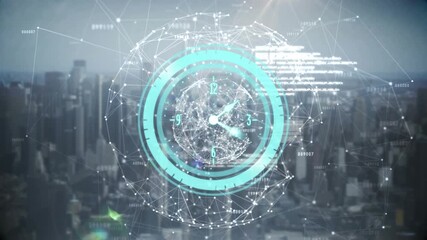 Animation of clock moving over data processing and cityscape - Powered by Adobe