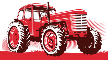 Obraz premium A red tractor in a simplified illustration style, with a stylized background and a full view of the machine