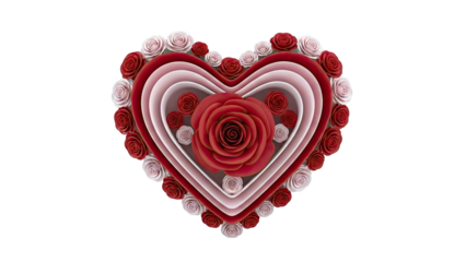 Heart shape adorned with layered roses in shades of red and pink