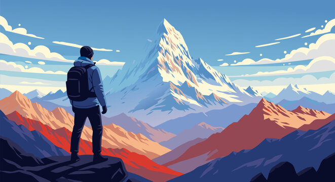 Majestic mountain range vector illustration with hiker admiring the summit in a vibrant color palette