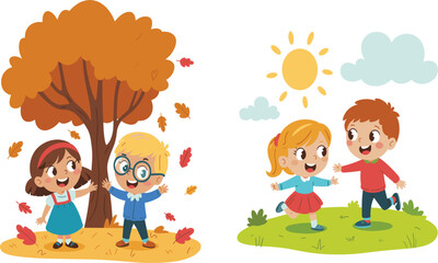 Fototapeta premium Cute cartoon children playing outdoors in autumn under falling leaves and sunny summer meadow field