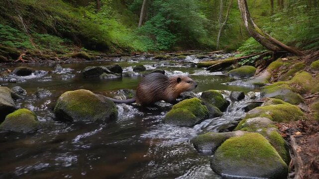 A beaver forages along a mossy, tranquil streambed