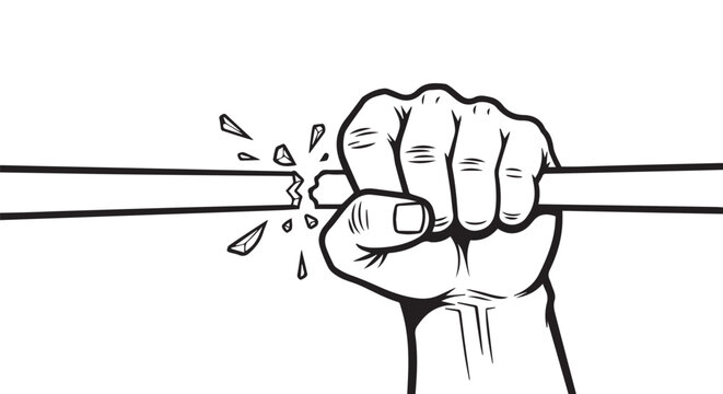 Illustration of clenched fist breaking a wire with droplets in a bold lineart style, conveying strength and release.