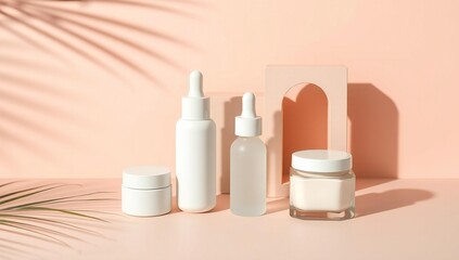 Collection of skincare products on a pink background
