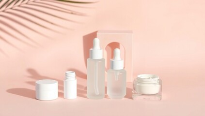 Skincare products on pink background