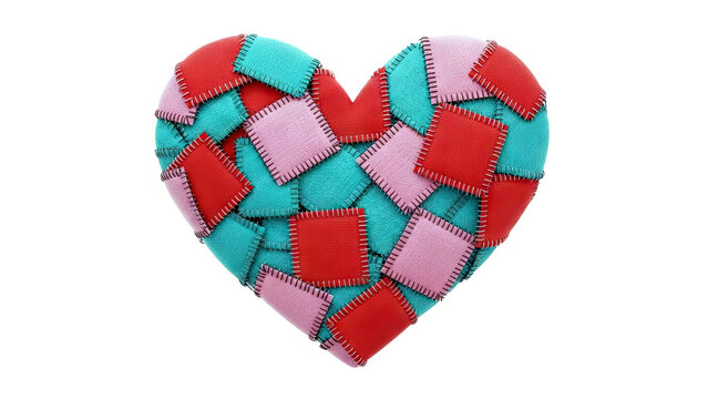 Heart-shaped patchwork with red, pink, and teal squares
