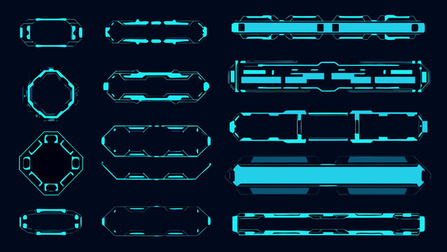 Futuristic interface elements and glowing blue frames collection for sci fi design