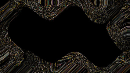 Dynamic wavy abstract frame with fluid metallic textures and glowing amber highlights surrounding a...