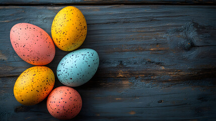 Colorful eggs arranged on a wooden surface during the spring season for a festive celebration