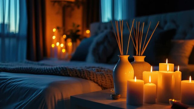 This features a warm and inviting bedside table set up during nighttime. The scene includes lit candles casting a soft glow and an aroma diffuser, adding to the serene atmosphere.