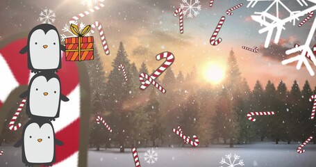 Animation of tower of three penguins with christmas gift, snow and candy canes over winter landscape