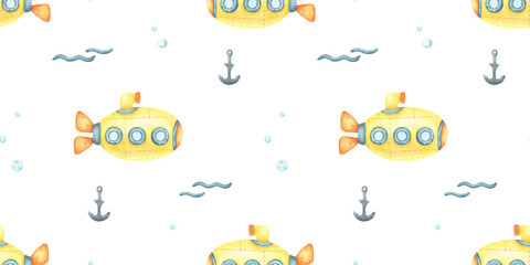 Naklejka premium Yellow submarine, anchor, waves and bubbles Hand drawn watercolor seamless pattern. Kids background of cute underwater transport. Nursery print children design, fabric, wrapping paper, baby bedding