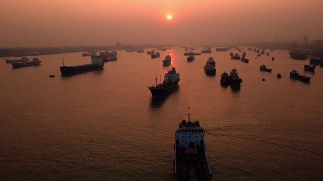 sunset on the Karnaphuli river,4k Drone shoot