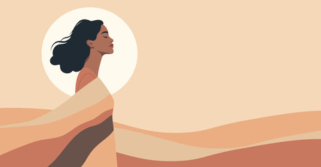 Vector illustration with a place for text, woman in profile with loose hair on a warm beige background with abstract waves. For projects of psychology, mental health, self-care, mindfulness, awareness