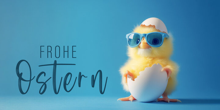 Frohe Ostern Konzept Feiertag Gru&szlig;karte lustig  mit deutschem Text - Cooles s&uuml;&szlig;es K&uuml;ken mit Sonnenbrille und Osterei, Ei, Eierschale, isoliert auf blauem Hintergrund