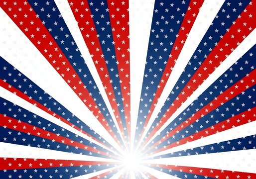 Patriotic American Flag background with starburst and red, white, blue stripes and stars.