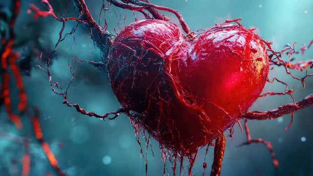A close-up of a vibrant red heart at the center, surrounded by intricate veins and iris in dark blue tones.