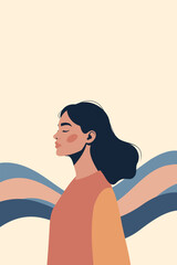 Vector illustration with a place for text, a woman in profile with her eyes closed, abstract background in pastel colors. For topics of beauty, psychology, women's health, mindfulness, awareness