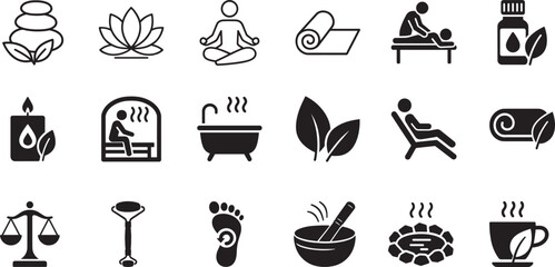 Spa and wellness line icon set with relaxation, beauty, and health symbols in clean vector style.q © MdMoziber