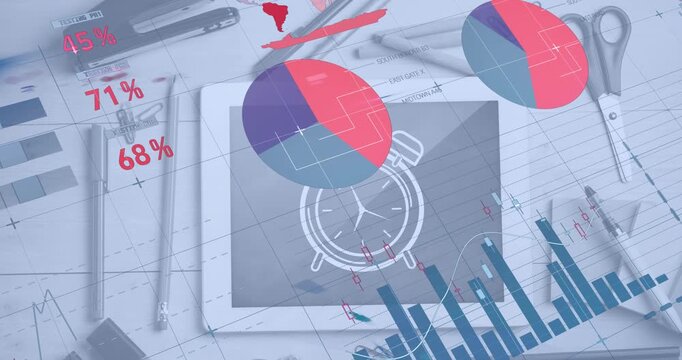 Animation of digital infographic interface and alarm clock drawing on digital tablet with stationery