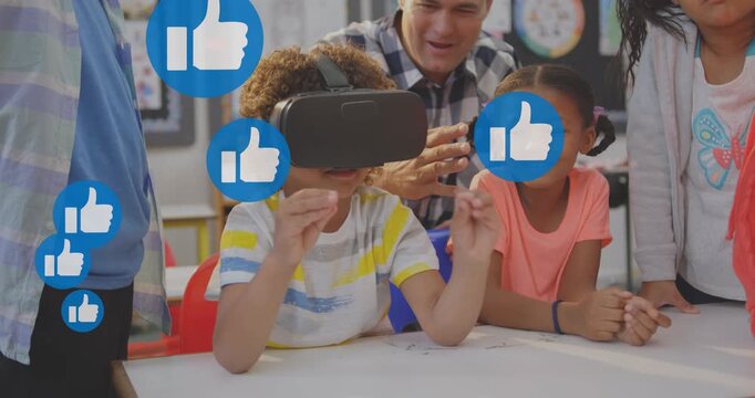 Animation of social media like icons over diverse school children using vr headset in classroom